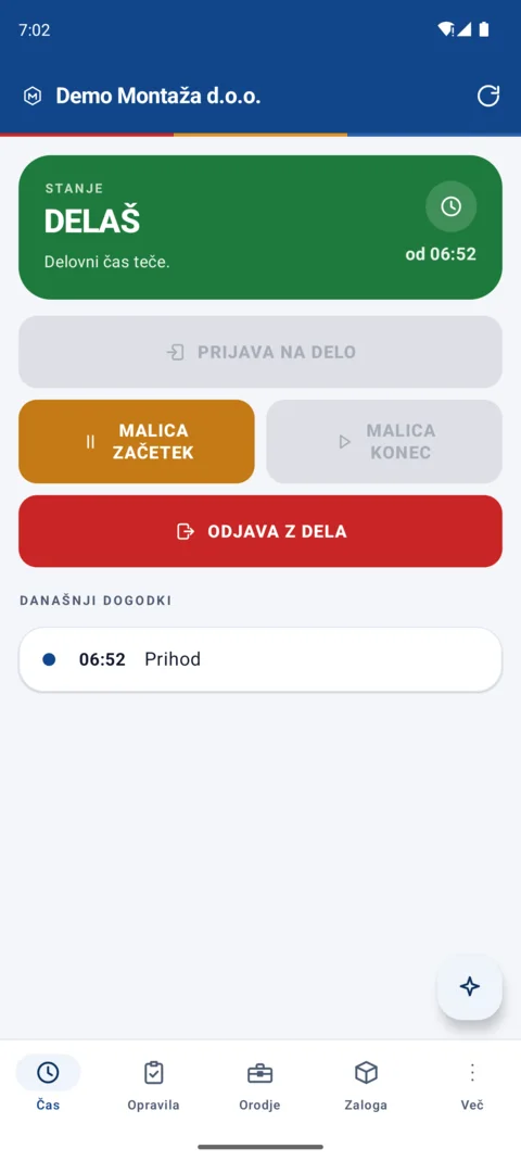Zaslon Čas na telefonu: indikator DELAŠ od 6.52 in gumbi za malico in odjavo.