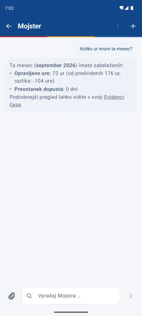 Pogovor z Mojstrom na telefonu: vprašanje o urah in odgovor iz podatkov podjetja.